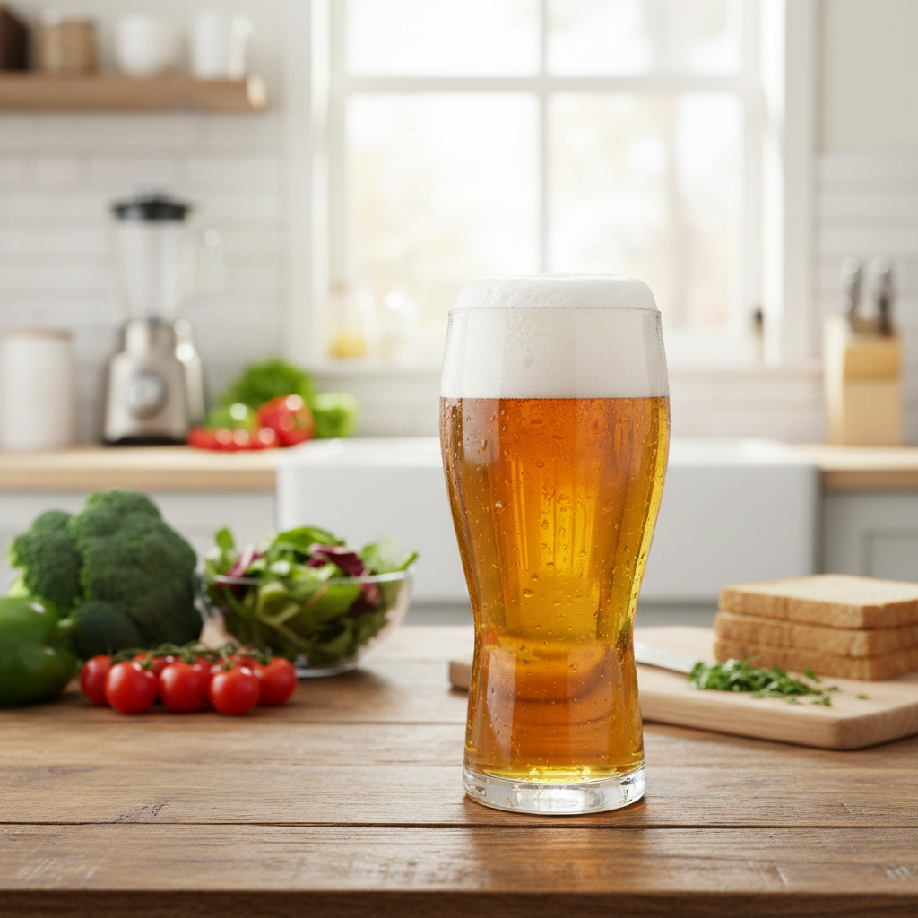 健康的なライフスタイルをイメージさせる、グラスに注がれたノンアルコールビールと新鮮な野菜の食卓