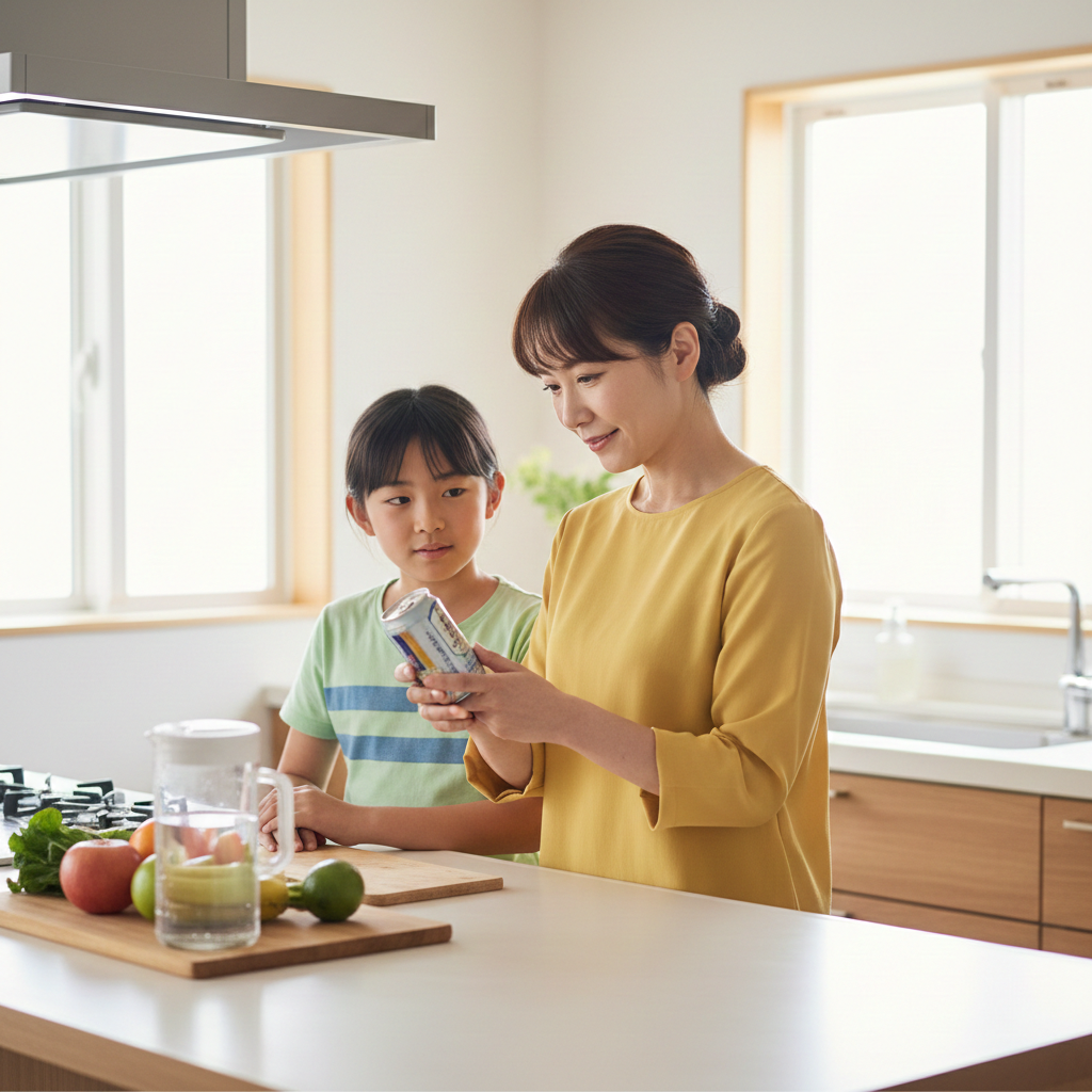 ダイニングテーブルでノンアルコール飲料のラベルを確認し、子供の健康を気遣う母親のイメージ
