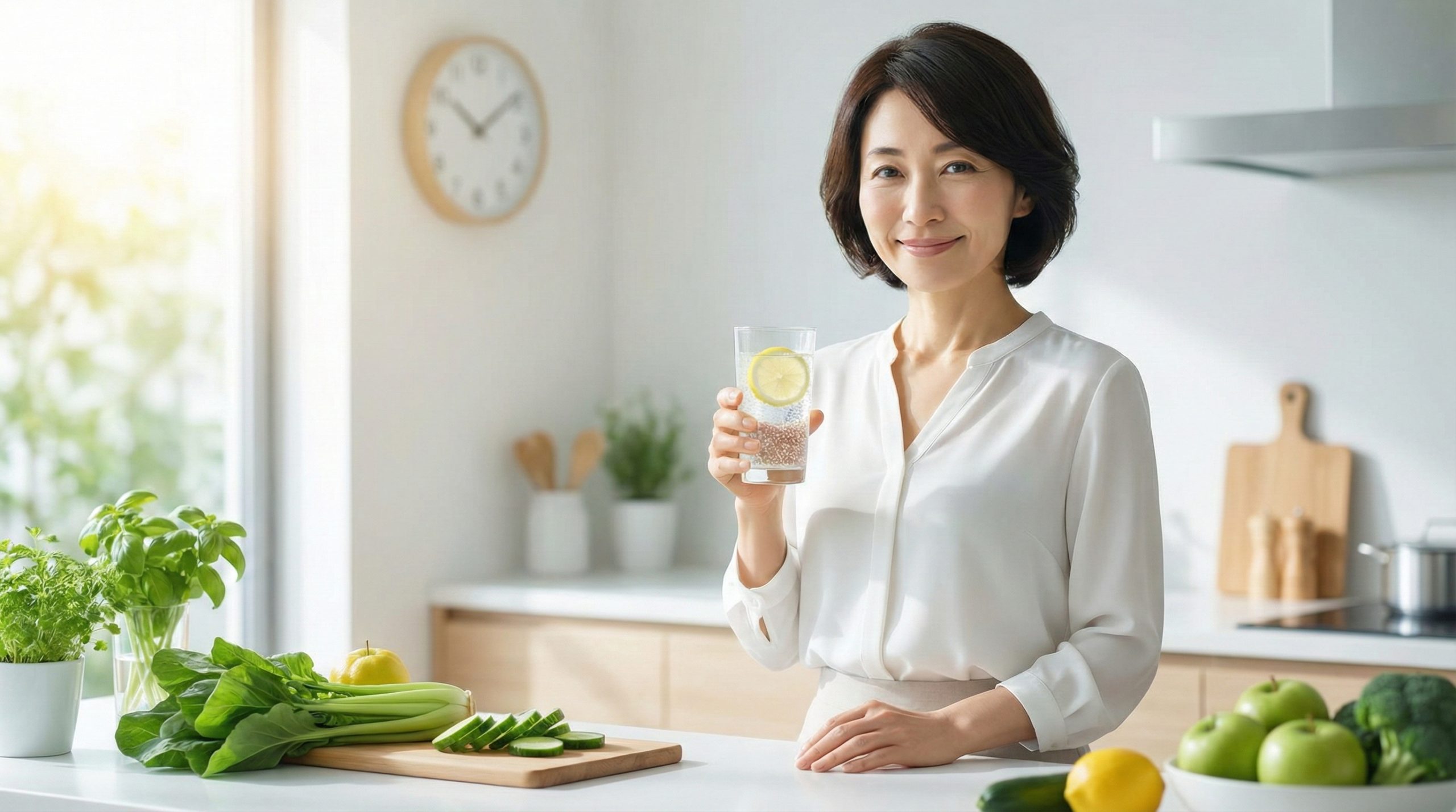 明るいキッチンで、グラスに入った炭酸水を持ち微笑む40代の日本人女性。手前には新鮮な緑黄色野菜と時計のオブジェがあり、健康的で清潔感のある雰囲気。