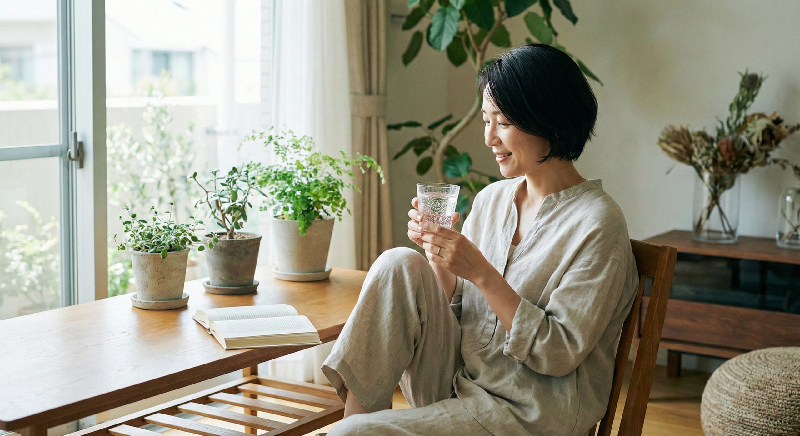 窓辺でリラックスしながら、グラスに注がれた美しいノンアルコールドリンクを穏やかな表情で見つめる40代女性。手元には本があり、心身のバランスが整っている様子。