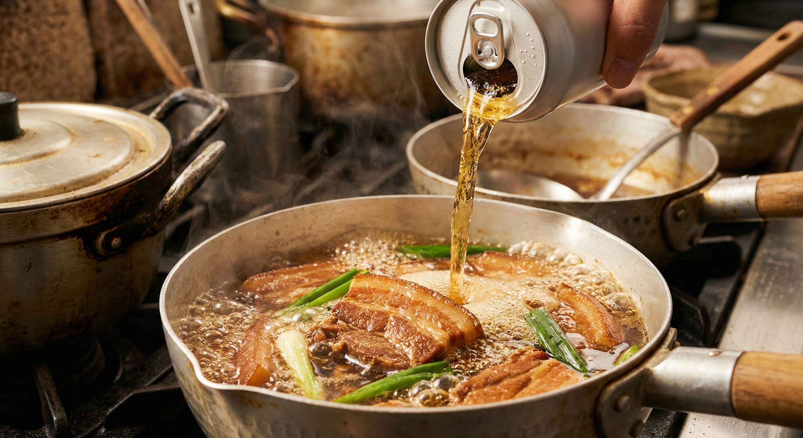 キッチンで調理中の鍋に入った豚の角煮用の肉に対し、缶から黄金色のノンアルコールビールを注いでいる様子。湯気が立ち上り、シズル感がある。