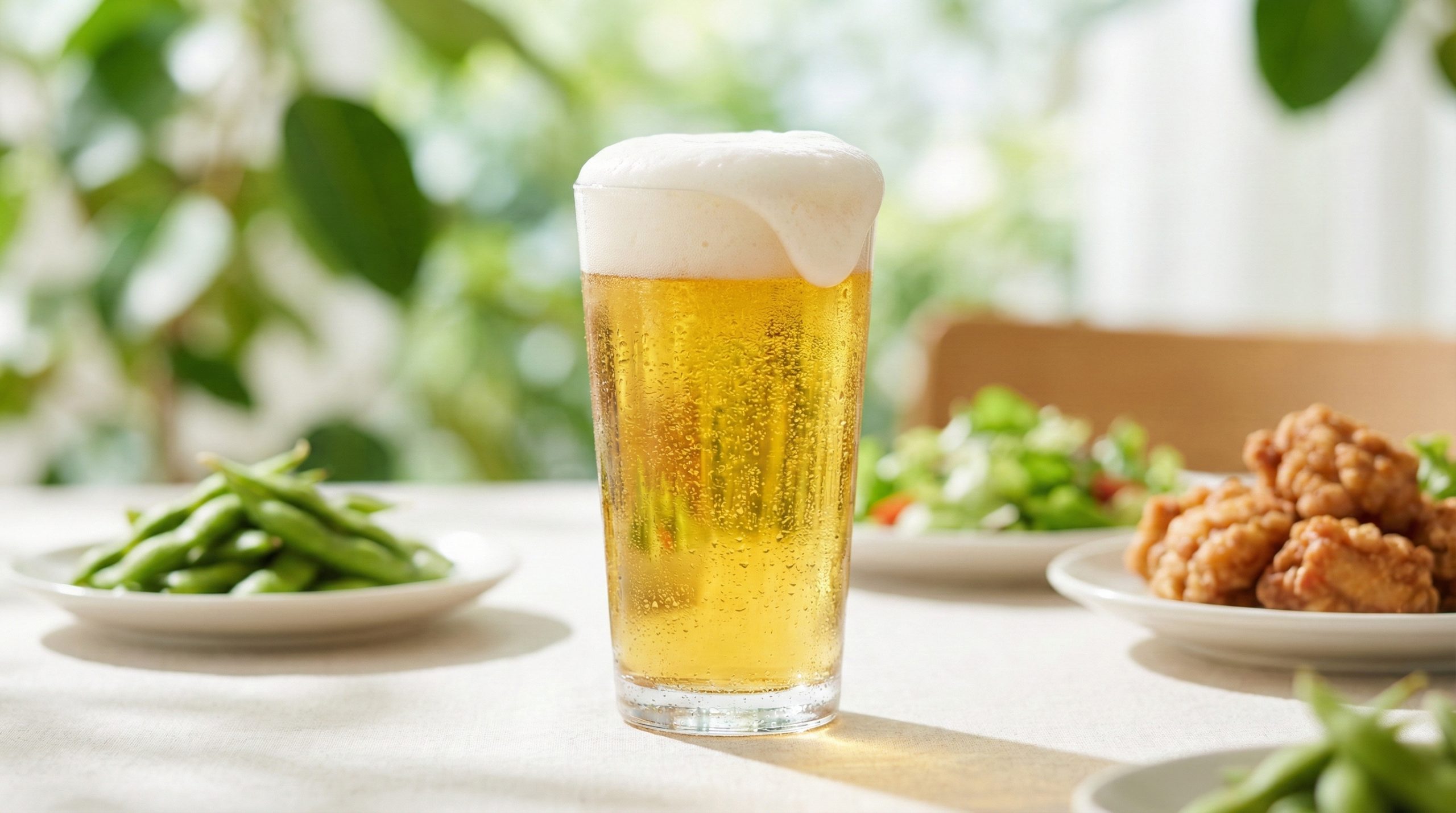 黄金色に輝く冷えたグラスに注がれたノンアルコールビールと、豊かな泡立ち。背景には新鮮なホップと明るいダイニングテーブル。