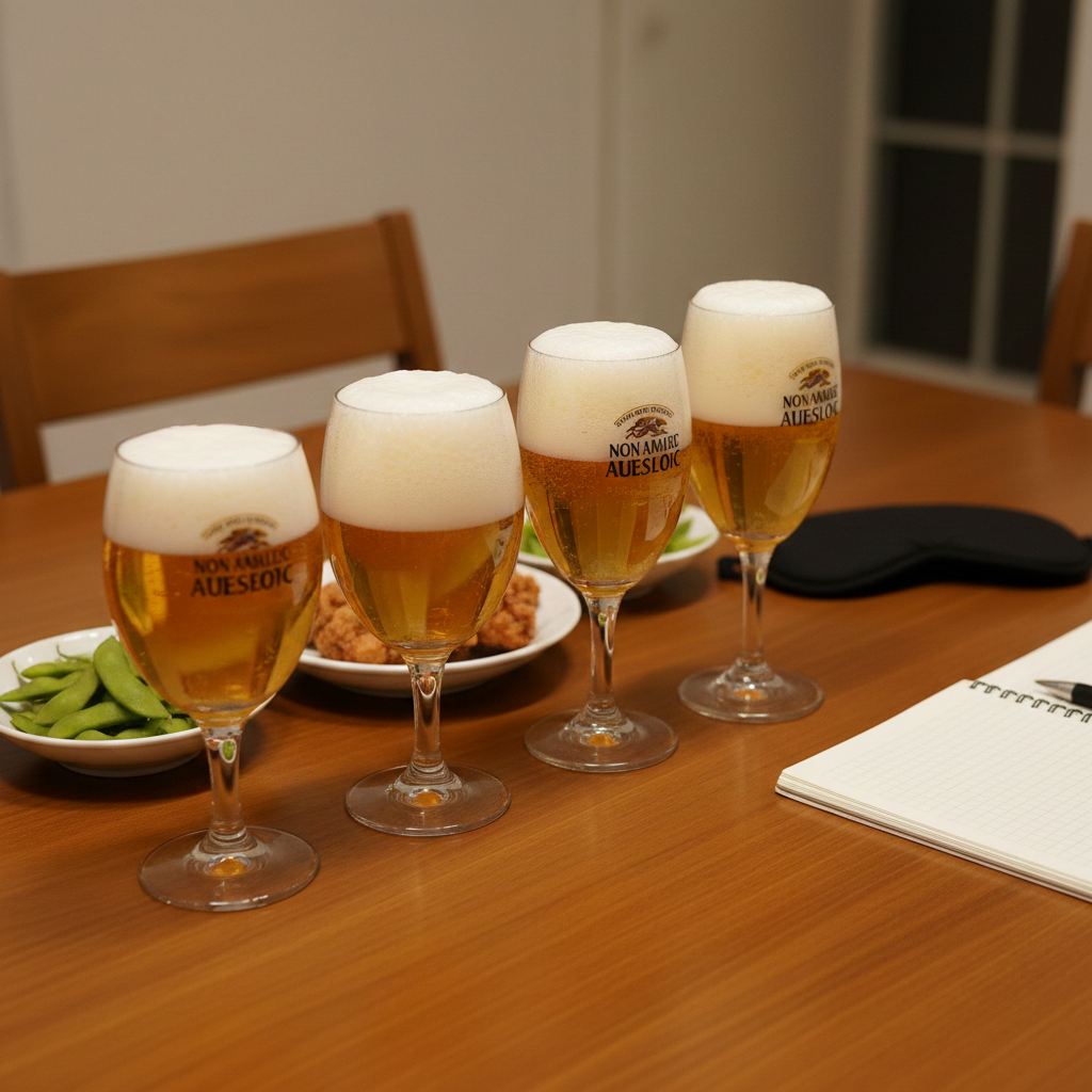 木目のテーブルに並べられた4つのグラスに注がれたノンアルコールビール。黄金色の液体とクリーミーな泡の対比が美しい。背景にはブラインドテスト用のアイマスクとメモ帳。温かみのある家庭の夕食の雰囲気。