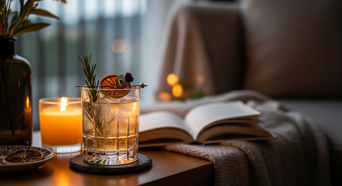 週末の夜、間接照明の灯るリビングでプレミアム・ノンアルコールを注いだグラスを楽しむ様子 (premium-non-alcoholic-weekend.jpg)