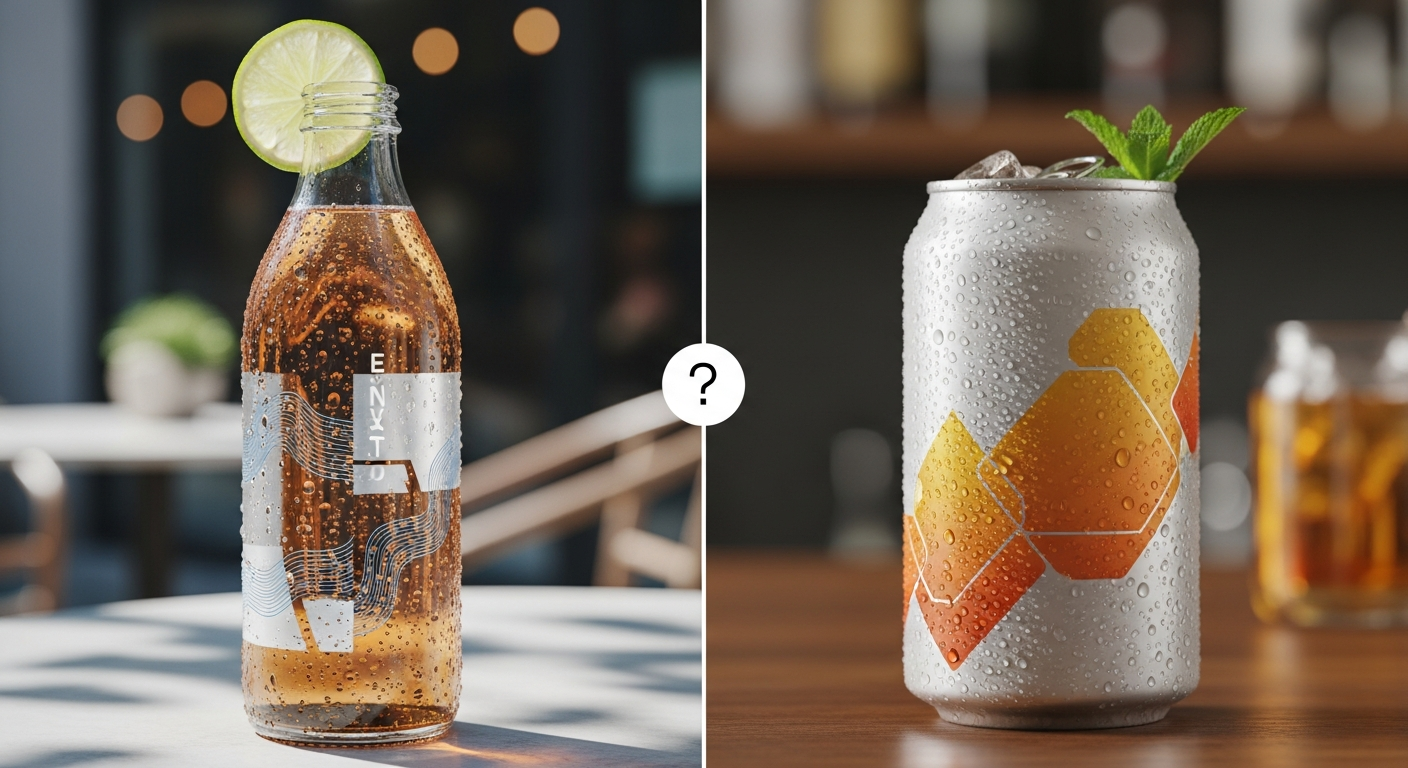 夕暮れ時のテーブルに置かれた瓶と缶のノンアルコール飲料とグラス（ファイル名: non-alcoholic-bottle-vs-can-relax.jpg）