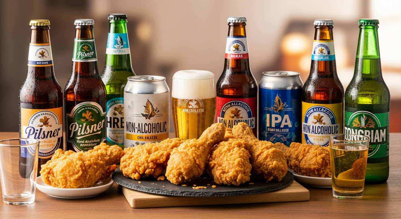 代替テキスト：テーブルに美しく盛り付けられた3大コンビニエンスストアのフライドチキンと、水滴のついたグラスに注がれた黄金色のノンアルコールビール / ファイル名：convenience-chicken-non-alcoholic-beer-pairing.jpg