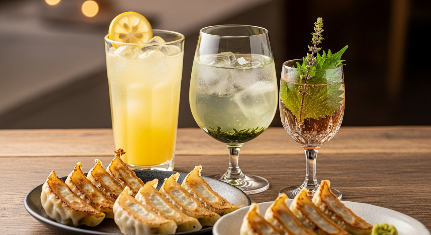 こんがり焼けた餃子とグラスに注がれた爽やかなノンアルコールドリンクが並ぶ食卓 (ファイル名: gyoza-non-alcoholic-pairing.jpg)