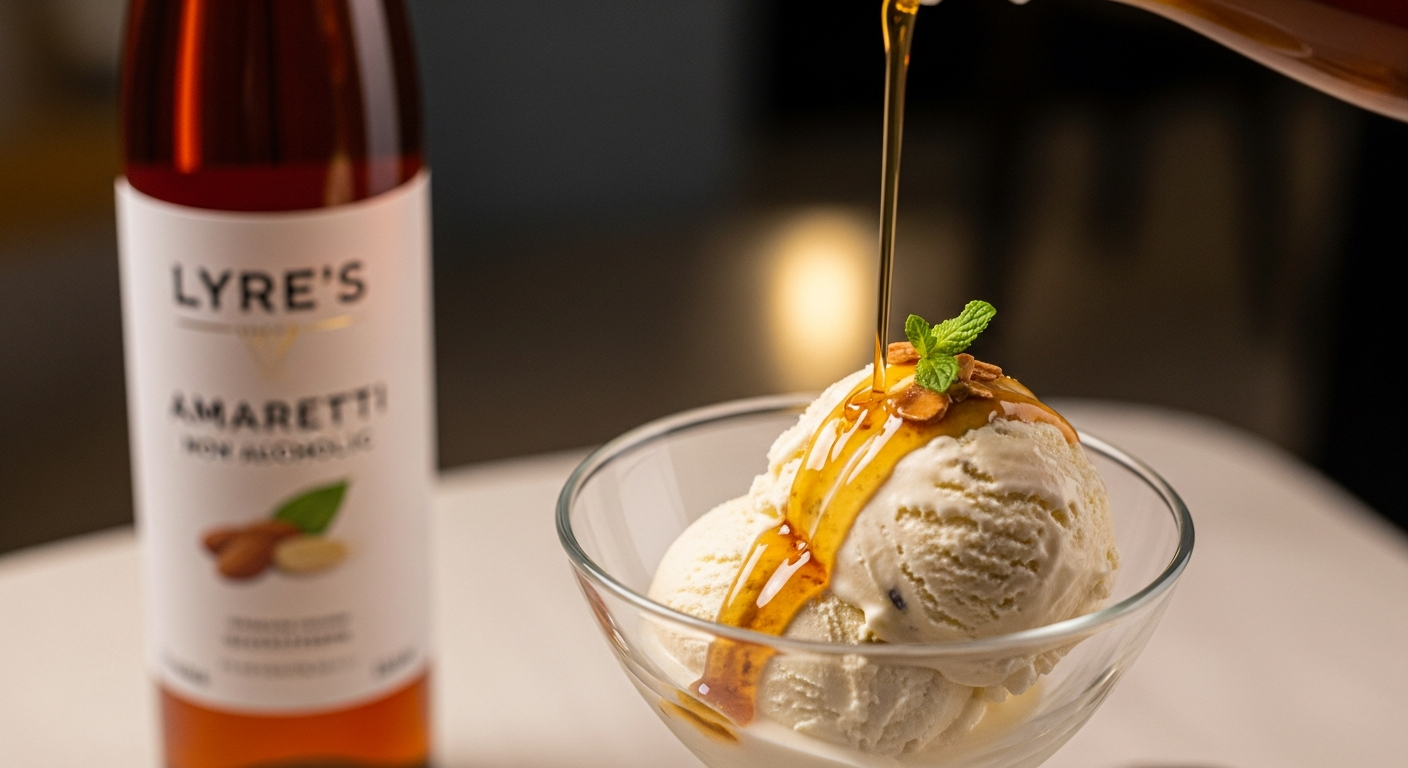 バニラアイスクリームに琥珀色のノンアルリキュールをかけている大人のデザートタイム (non-alcoholic-liqueur-ice-cream.jpg)