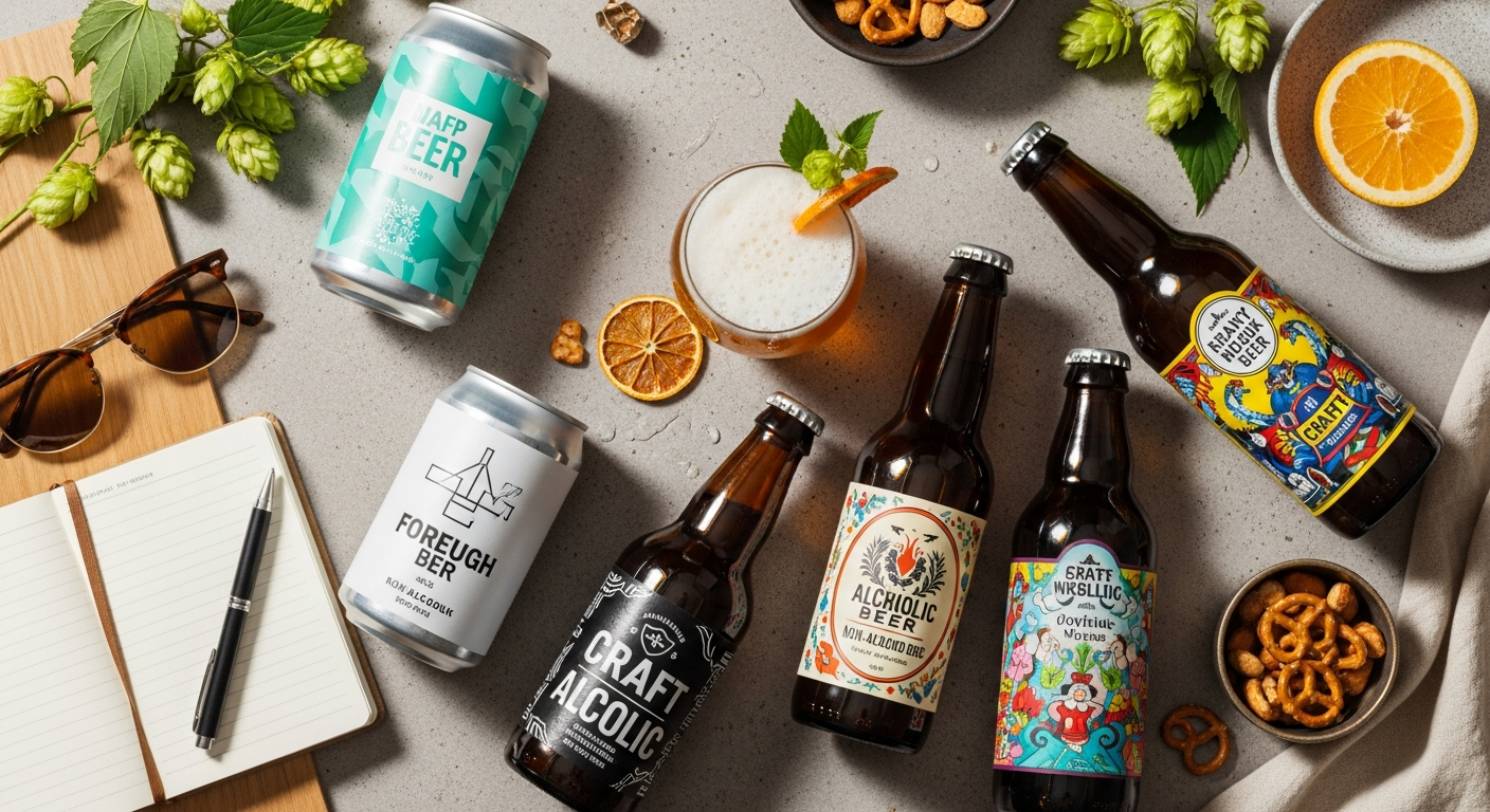夕暮れ時のリラックスしたリビングで、美しく注がれたクラフトノンアルコールビールのグラスと笑顔の女性 (ファイル名: craft-non-alcoholic-beer-relaxing.jpg)