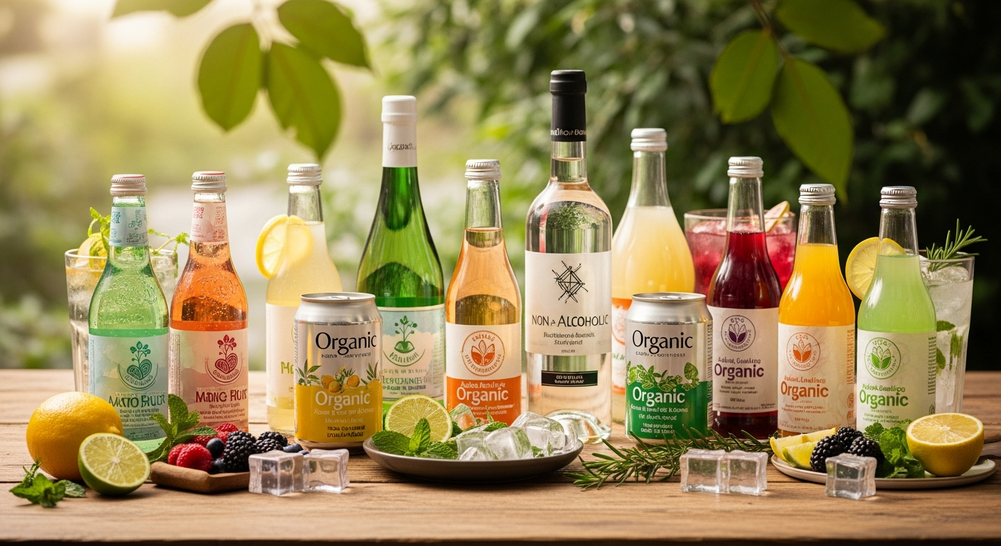 太陽の光が差し込むテーブルに並べられた無添加・オーガニックのノンアルコール飲料と新鮮なフルーツ (organic-non-alcoholic-beverages.jpg)