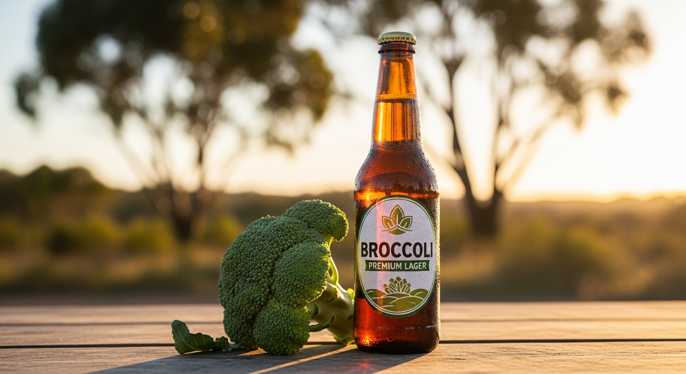 冷えたグラスに注がれた黄金色のブローリー（Broccoli）プレミアムラガーとオーストラリアの大地を思わせる背景 (filename: broccoli-premium-lager-thumbnail.jpg)