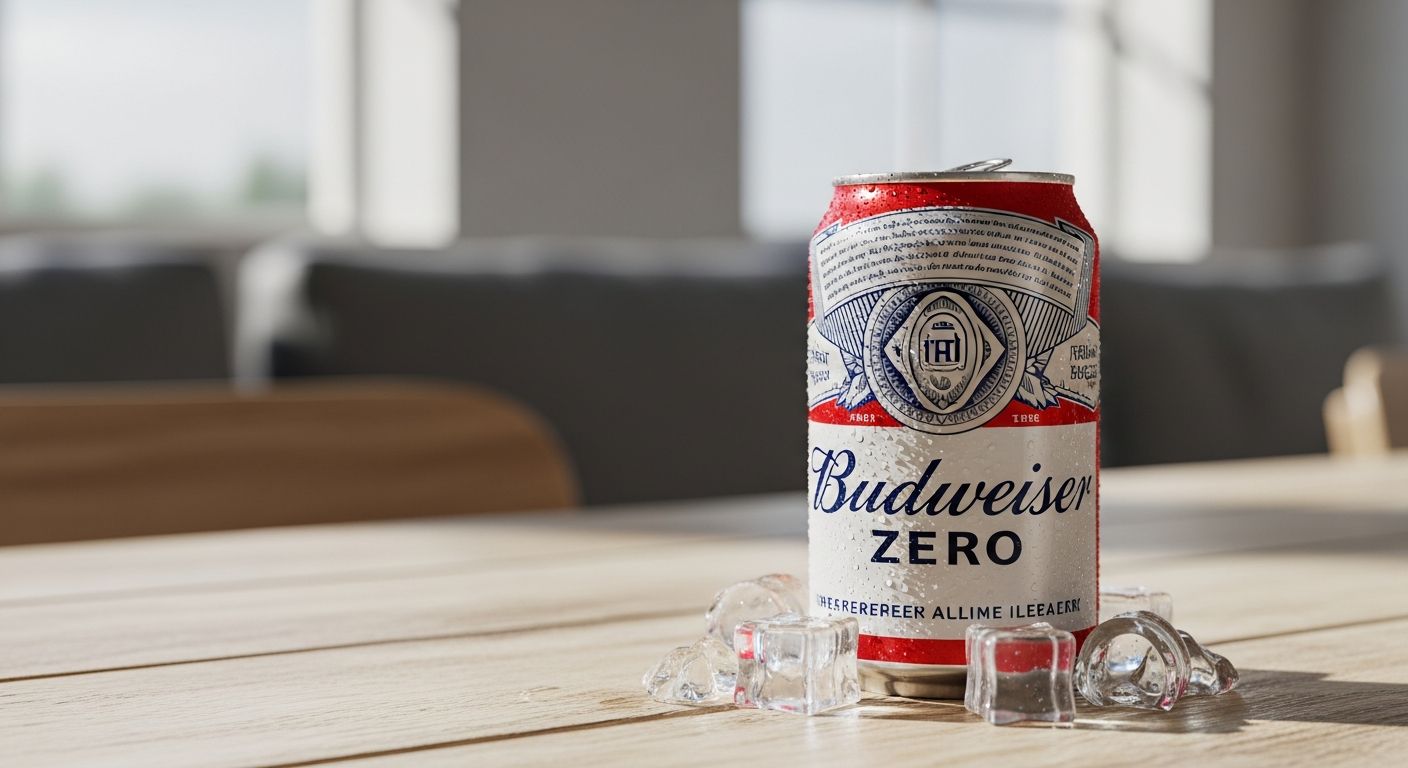 水滴がついたキンキンに冷えたバドワイザー・ゼロの缶と、グラスに注がれた黄金色のノンアルコールビール (ファイル名: budweiser-zero-ice-cold-glass.jpg)