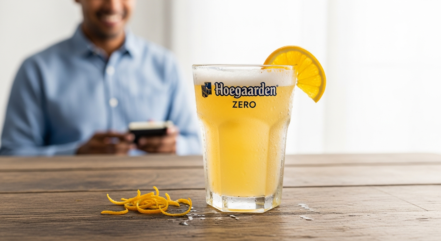 美しい泡立ちのヒューガルデン・ゼロが注がれた専用グラスとオレンジスライス (hoegaarden-zero-glass-and-orange.jpg)