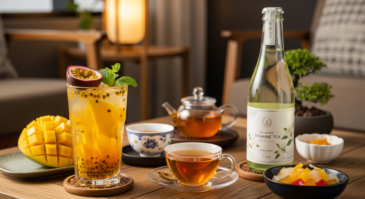 ワイングラスに注がれた色鮮やかな台湾のフルーツティーと中国茶のアレンジモクテル (ファイル名: asian-sweet-tea-mocktail.jpg)