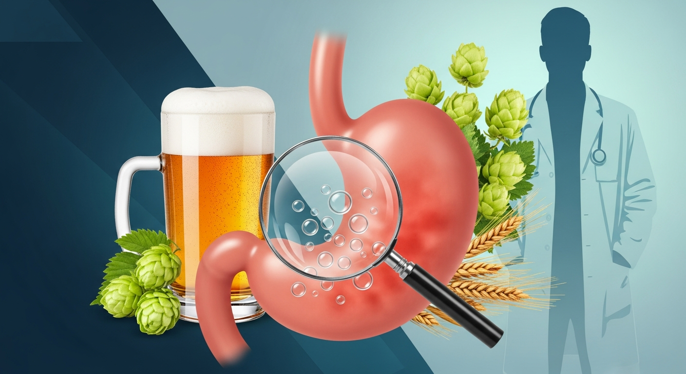 お腹の張りに悩む女性とノンアルコールビール (ファイル名: non-alcoholic-beer-gas-remedy.jpg)