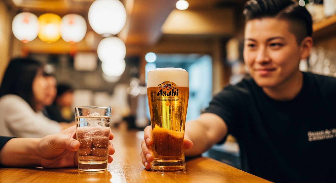 居酒屋でノンアルコールビールを片手に笑顔で乾杯する女性 (non-alcoholic-beer-izakaya.jpg)
