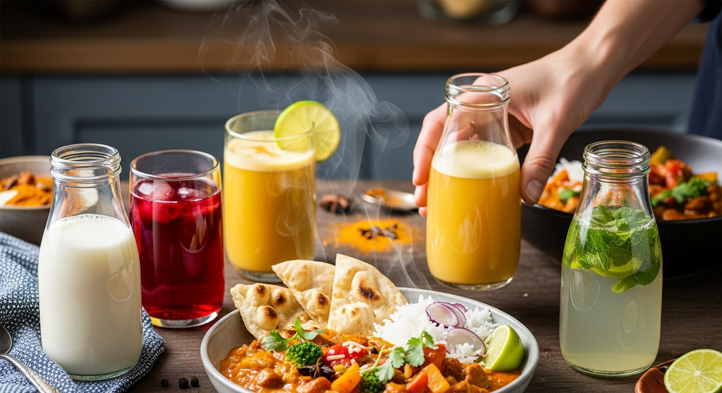 スパイスカレーと一緒に並べられた色鮮やかなノンアルコールドリンクの数々 (ファイル名: curry-pairing-non-alcoholic-drinks.jpg)