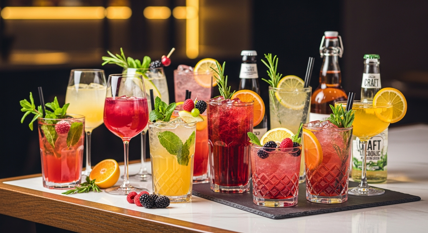 色鮮やかで魅力的なノンアルコールカクテル（モクテル）が並ぶ飲食店のテーブル (ファイル名: non-alcoholic-mocktails.jpg)