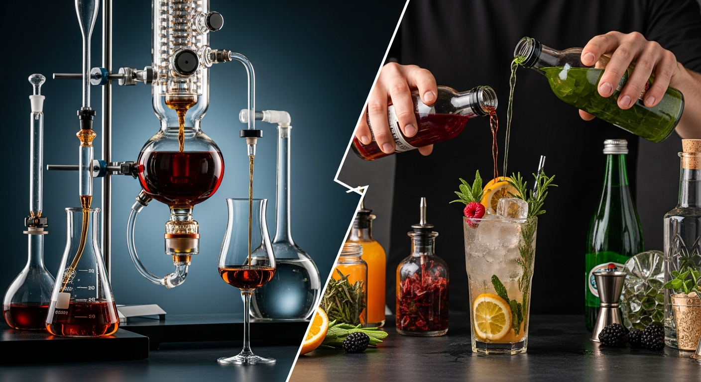 脱アルコール製法と調合製法のノンアルコール飲料を比較するグラス (ファイル名: dealcoholization-vs-blending-comparison.jpg)