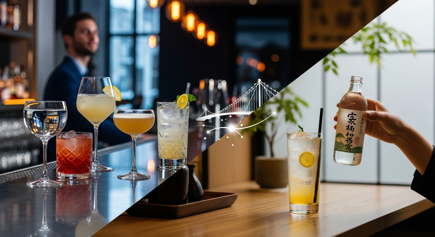 友人たちとお洒落なノンアルコールドリンク（モクテル）を楽しんでいる風景 (filename: non-alcoholic-culture-japan-vs-western.jpg)