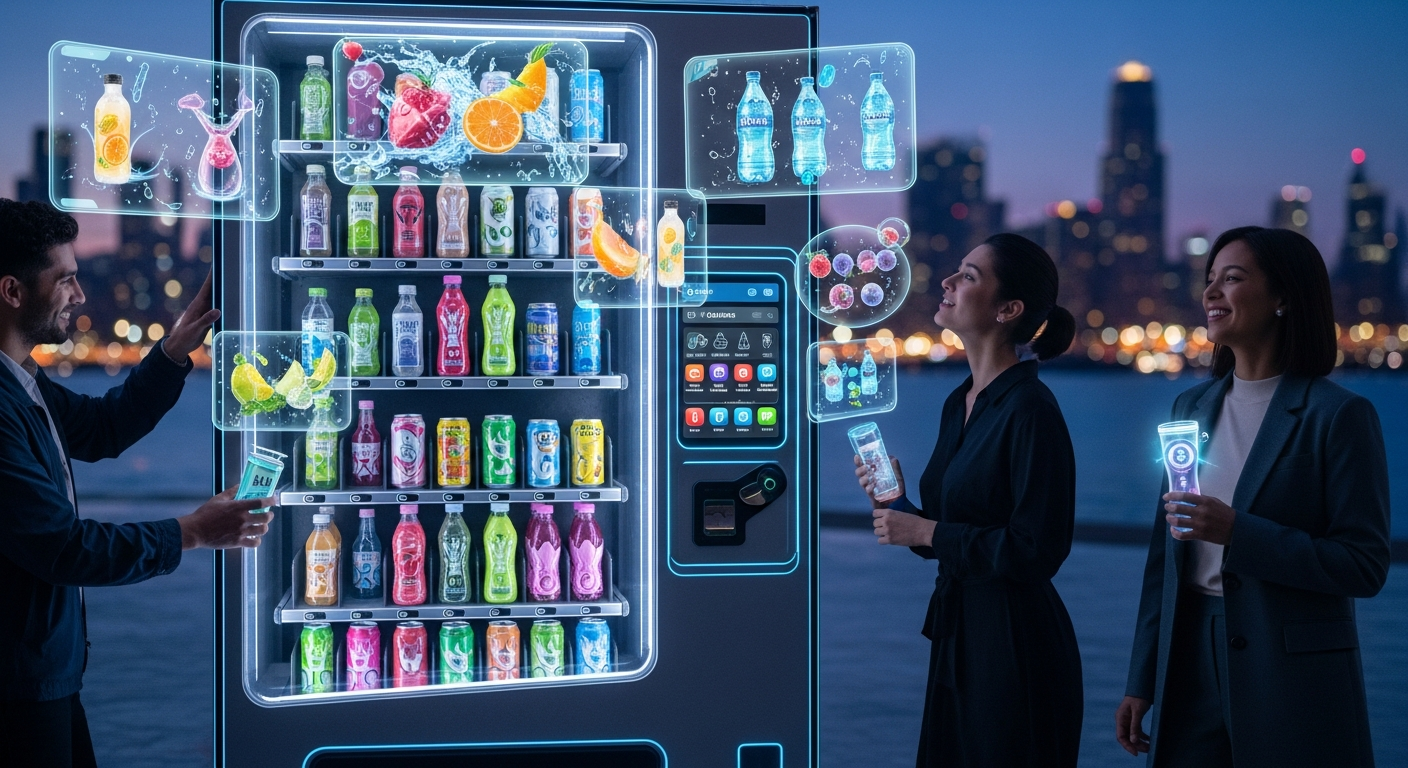 未来の街に設置されたスタイリッシュなノンアルコール飲料専用の自動販売機と笑顔で語り合う人々 (ファイル名: future-non-alcoholic-vending-machine.jpg)