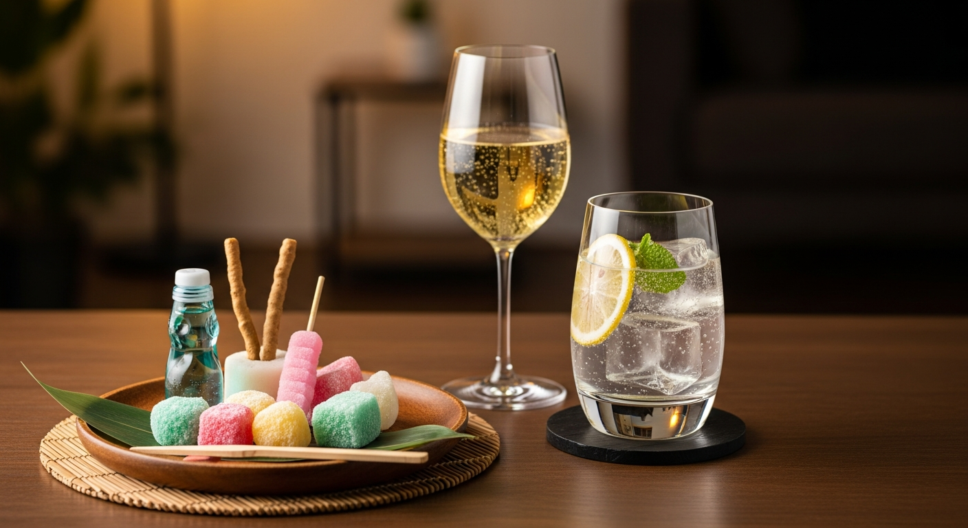 レトログラスに注がれたノンアルコールドリンクと色鮮やかな駄菓子が並ぶ大人の宅飲みの風景 (dagashi-non-alcohol-home-party.jpg)