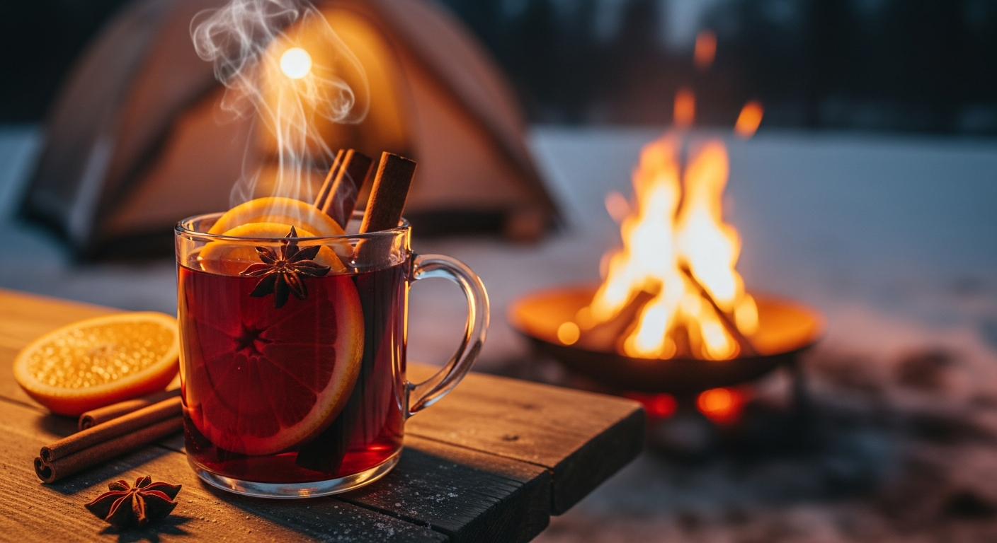 冬のキャンプ場で温かいホットノンアルコールワインの入ったマグカップを持つ手 (hot-non-alcoholic-wine-winter-camp.jpg)