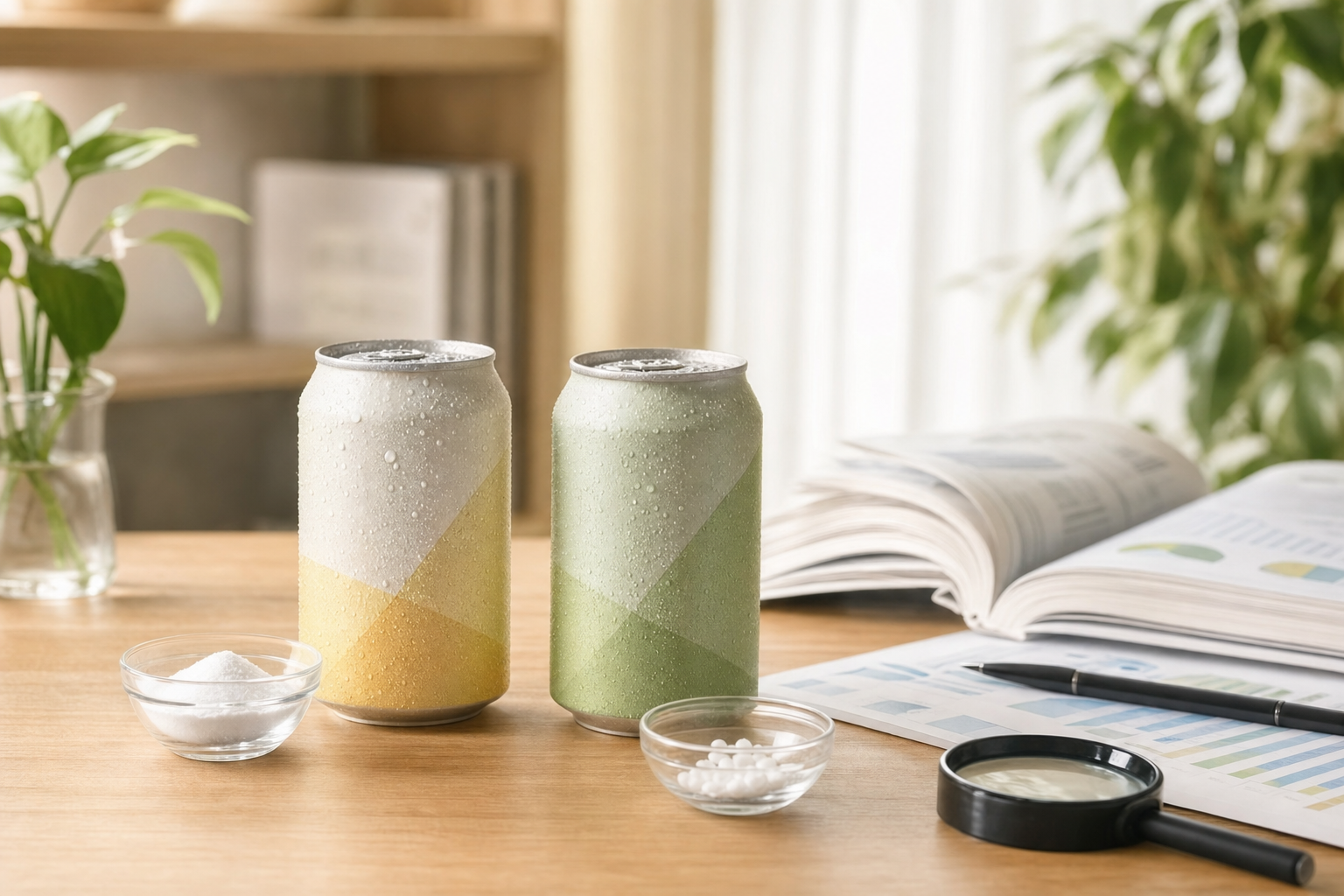 アスパルテームとスクラロースの安全性を比較するノンアル飲料の缶と研究資料