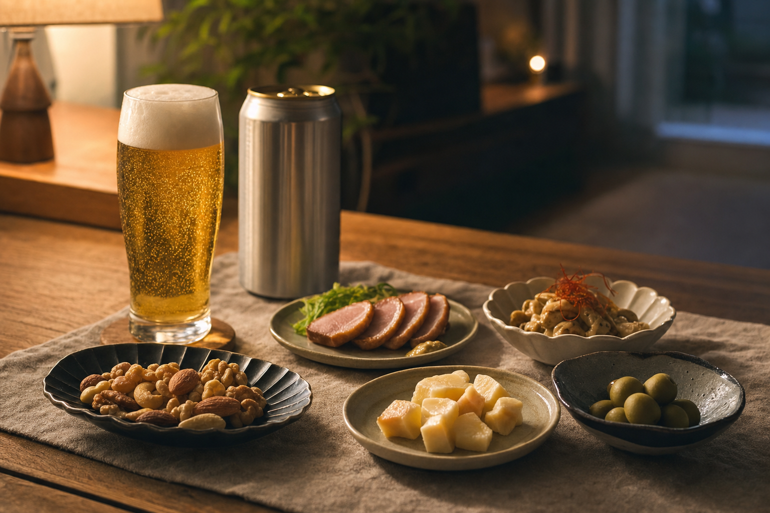 コンビニのおつまみとノンアルビールが並んだ夜の食卓