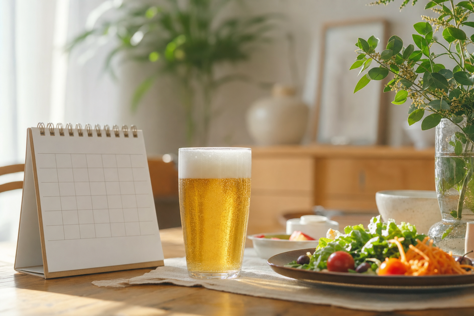1月のカレンダーとノンアルコールビールのグラスが並ぶ朝の食卓