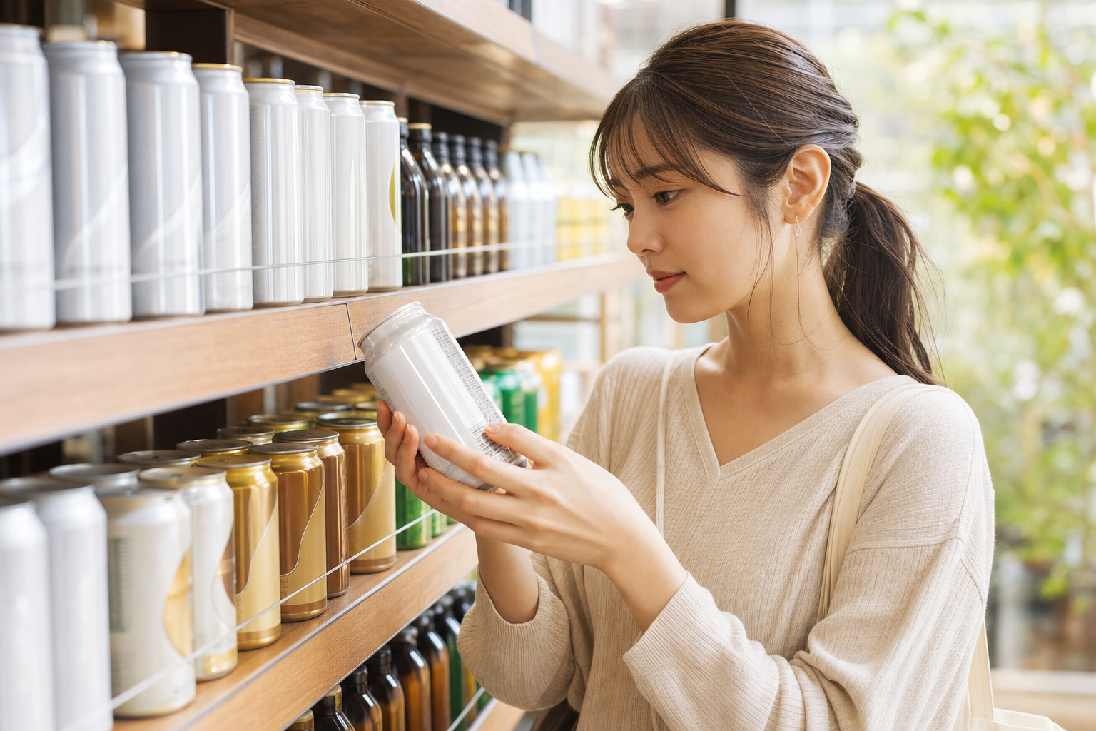 棚に並ぶノンアル飲料とトクホマークを見比べる女性