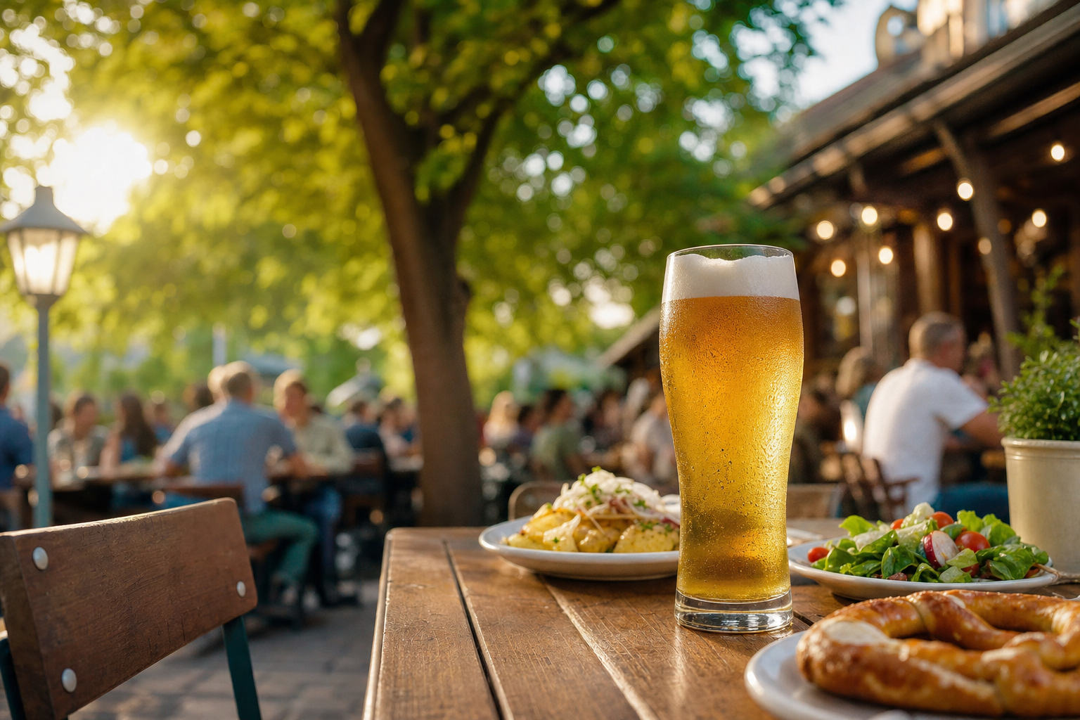 ドイツのビアガーデンでノンアルコールビールを楽しむ風景