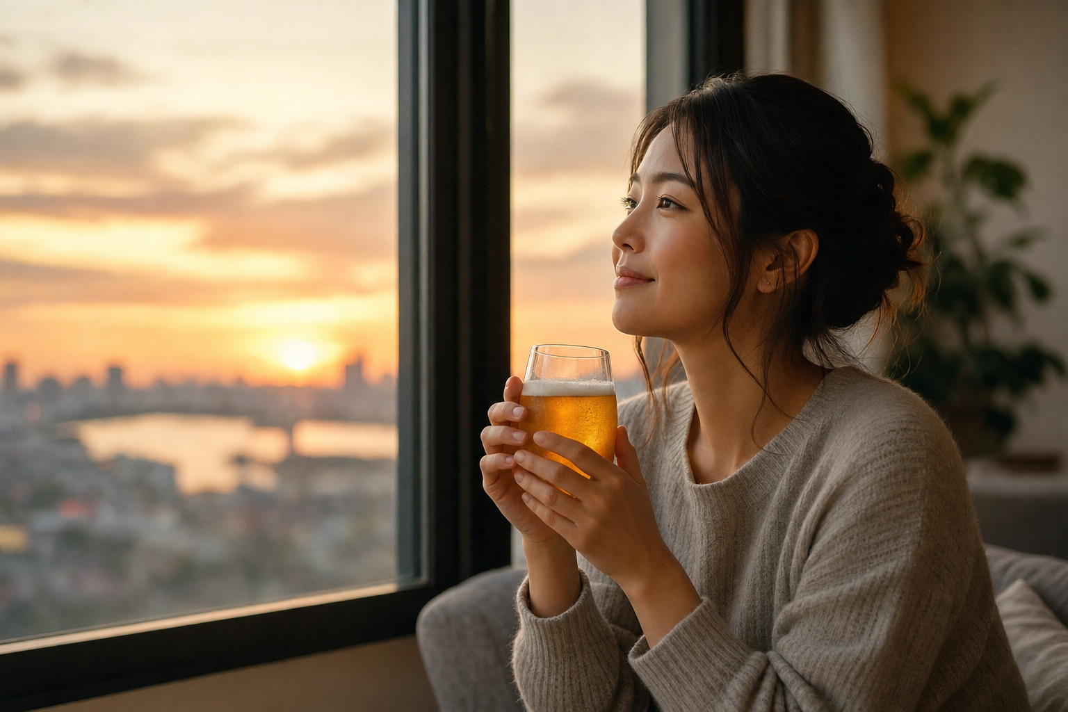 夕方の窓辺でノンアルコールビールのグラスを両手で包み込む女性