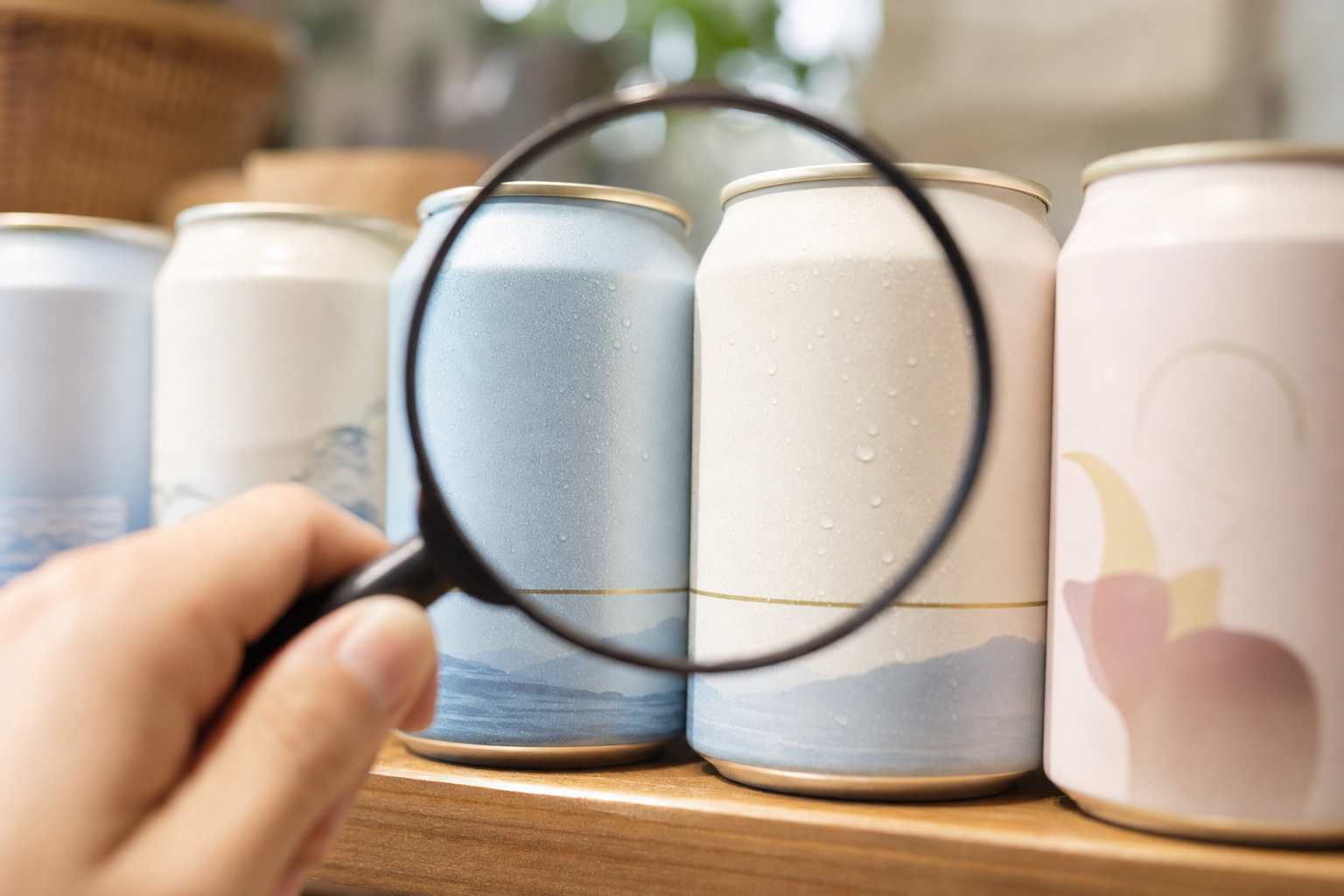 棚に並ぶノンアル缶の度数表記をルーペで見比べる場面