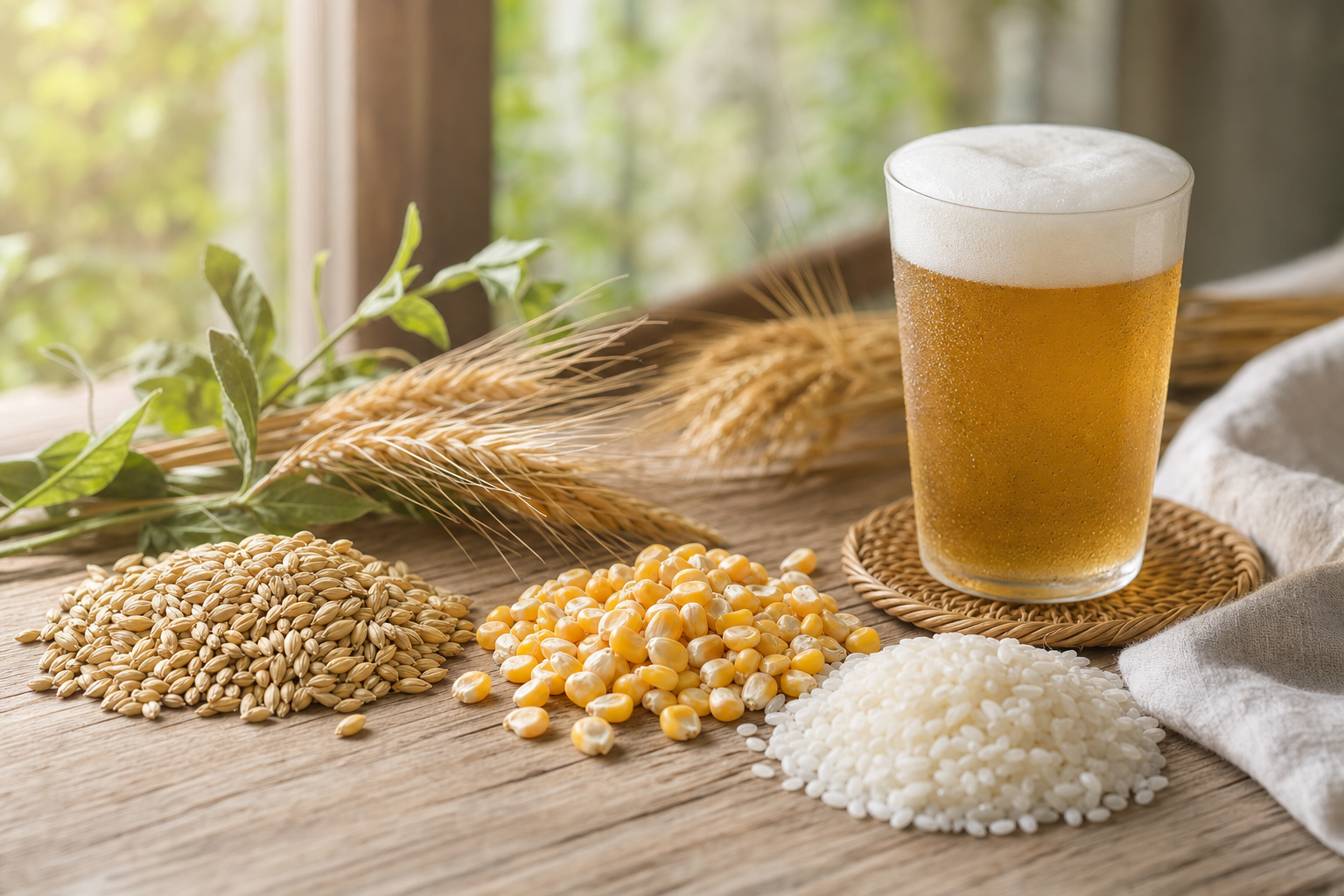 麦芽の横に並ぶコーンと米粒、ノンアルビールのグラス