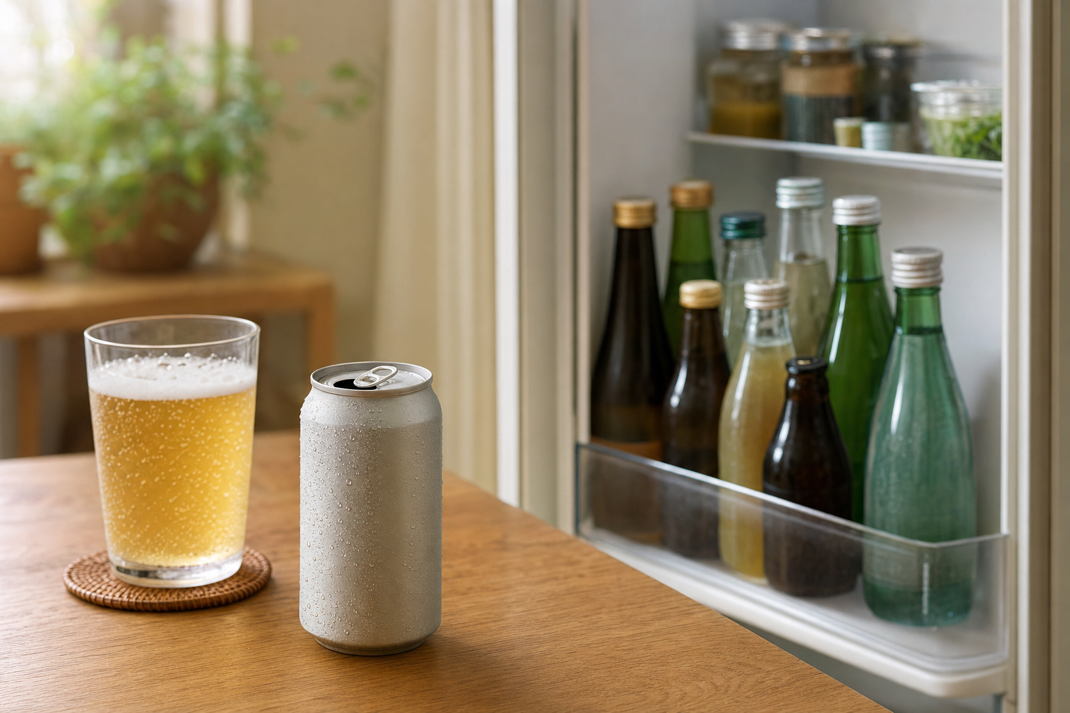開封したノンアルコールビールの缶と冷蔵庫内に並ぶボトル