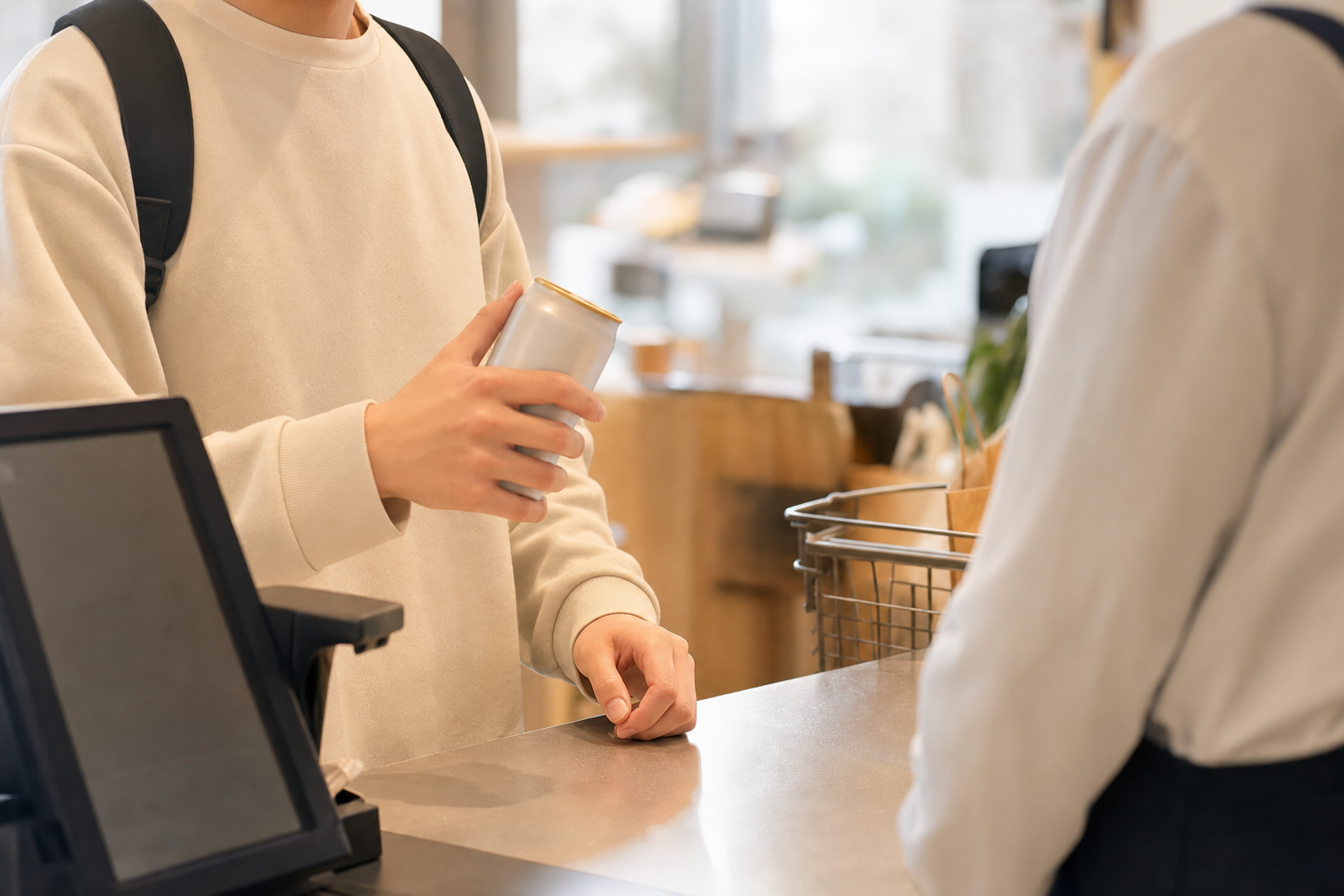 レジでノンアルコールビールを買う若い人の手元