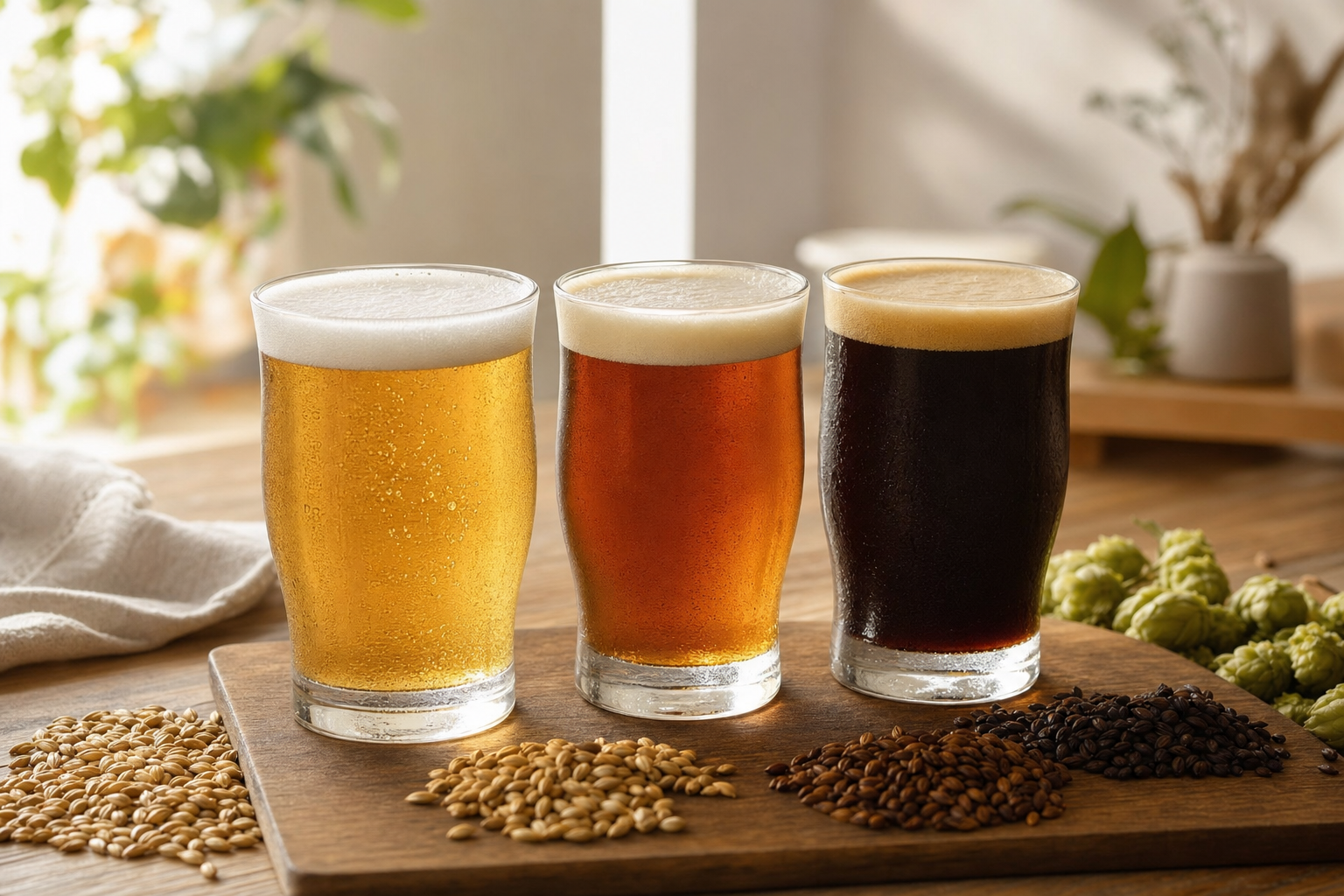 グラスに注いだ色の異なる3種類のノンアルコールビール