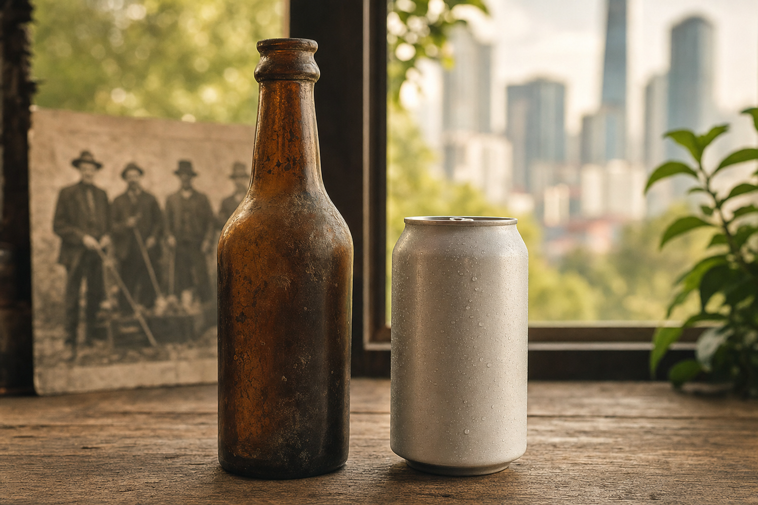 古いビール瓶と現代のノンアルコールビール缶が並ぶ歴史を象徴する画像