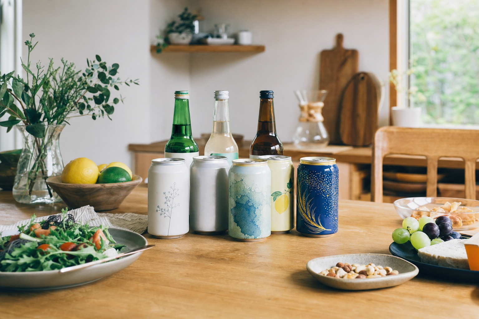 木製の食卓に並んだノンアル飲料の缶とボトル
