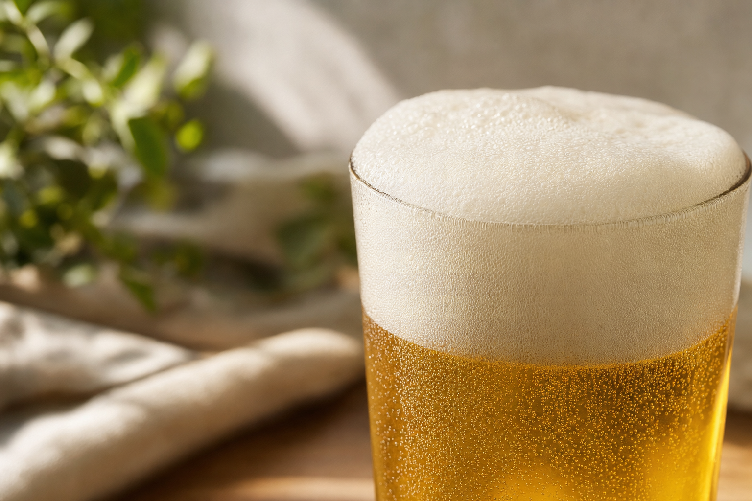 グラスに注がれたノンアルコールビールのきめ細かな泡のクローズアップ