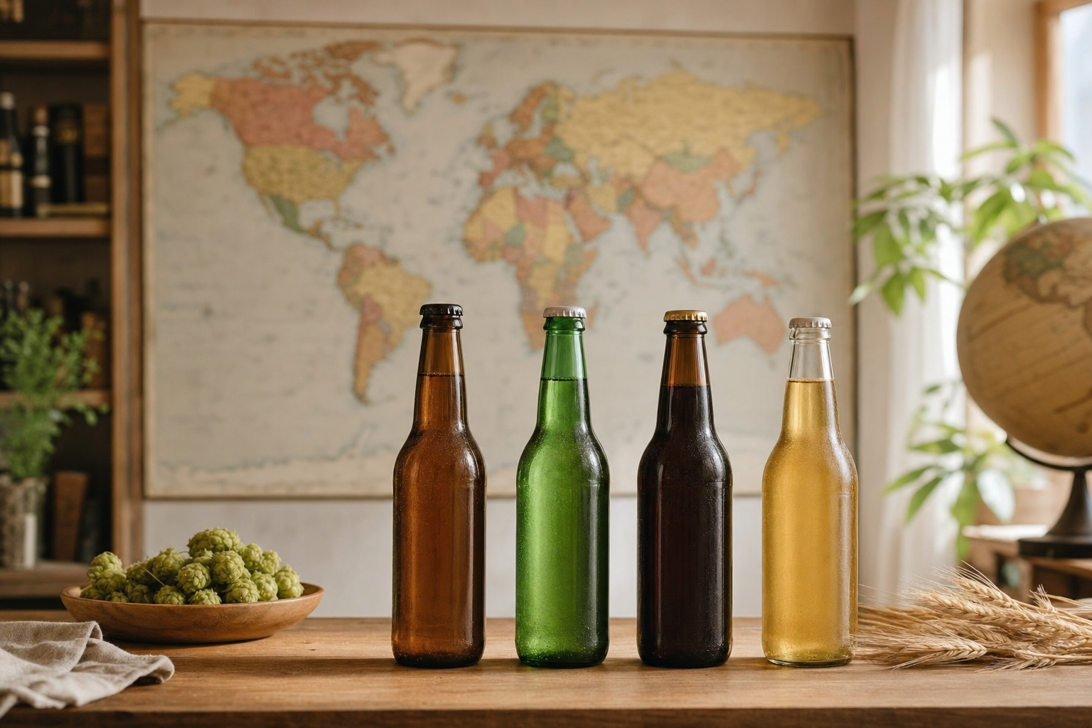世界地図とノンアルコールビールの瓶が並ぶイメージ