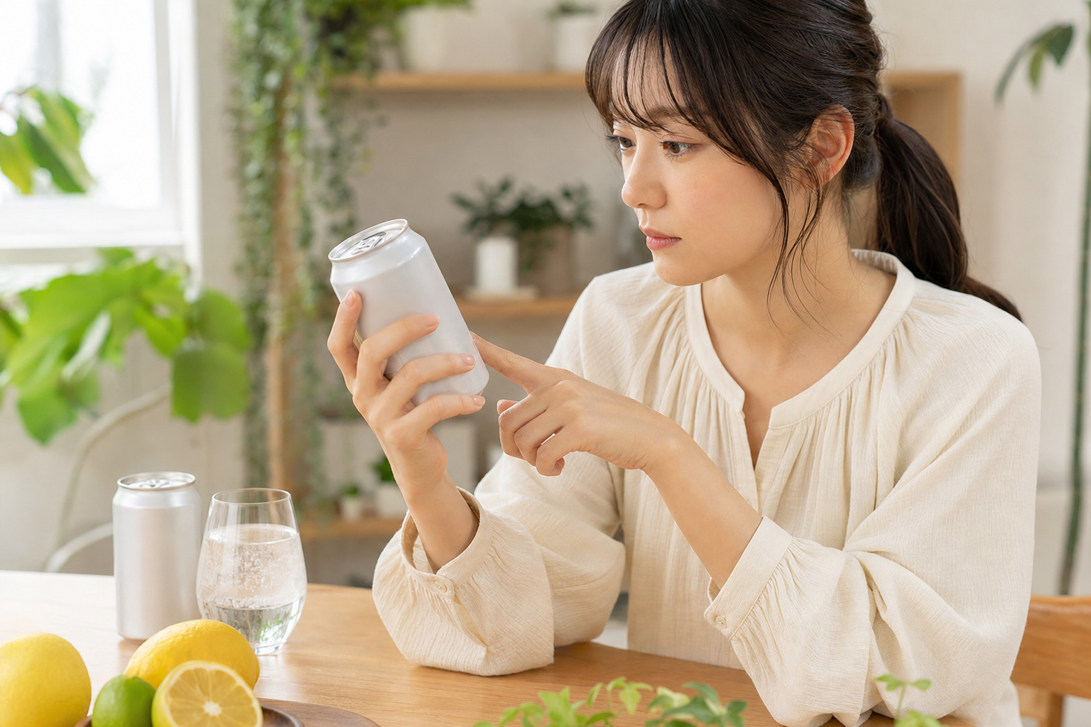 ノンアル飲料の缶と原料表示ラベルを見比べる女性