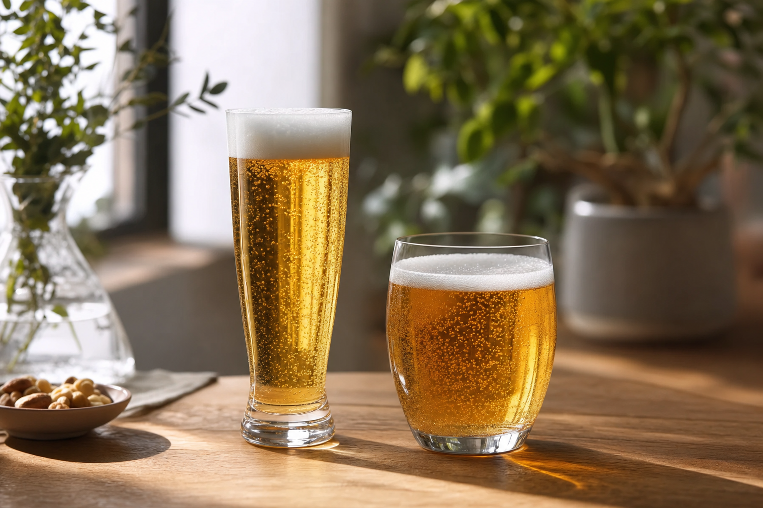 テーブルに並んだピルスナーグラスとタンブラーに注がれたノンアルビール