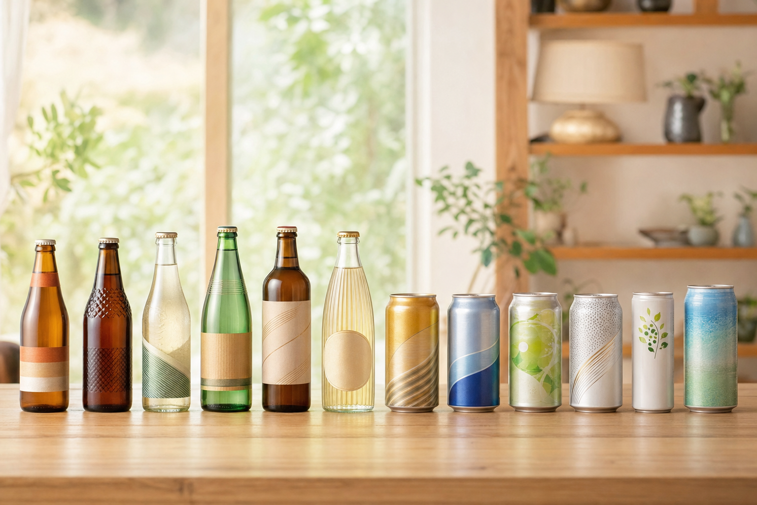 年代別に並ぶノンアルコール飲料のボトルと缶