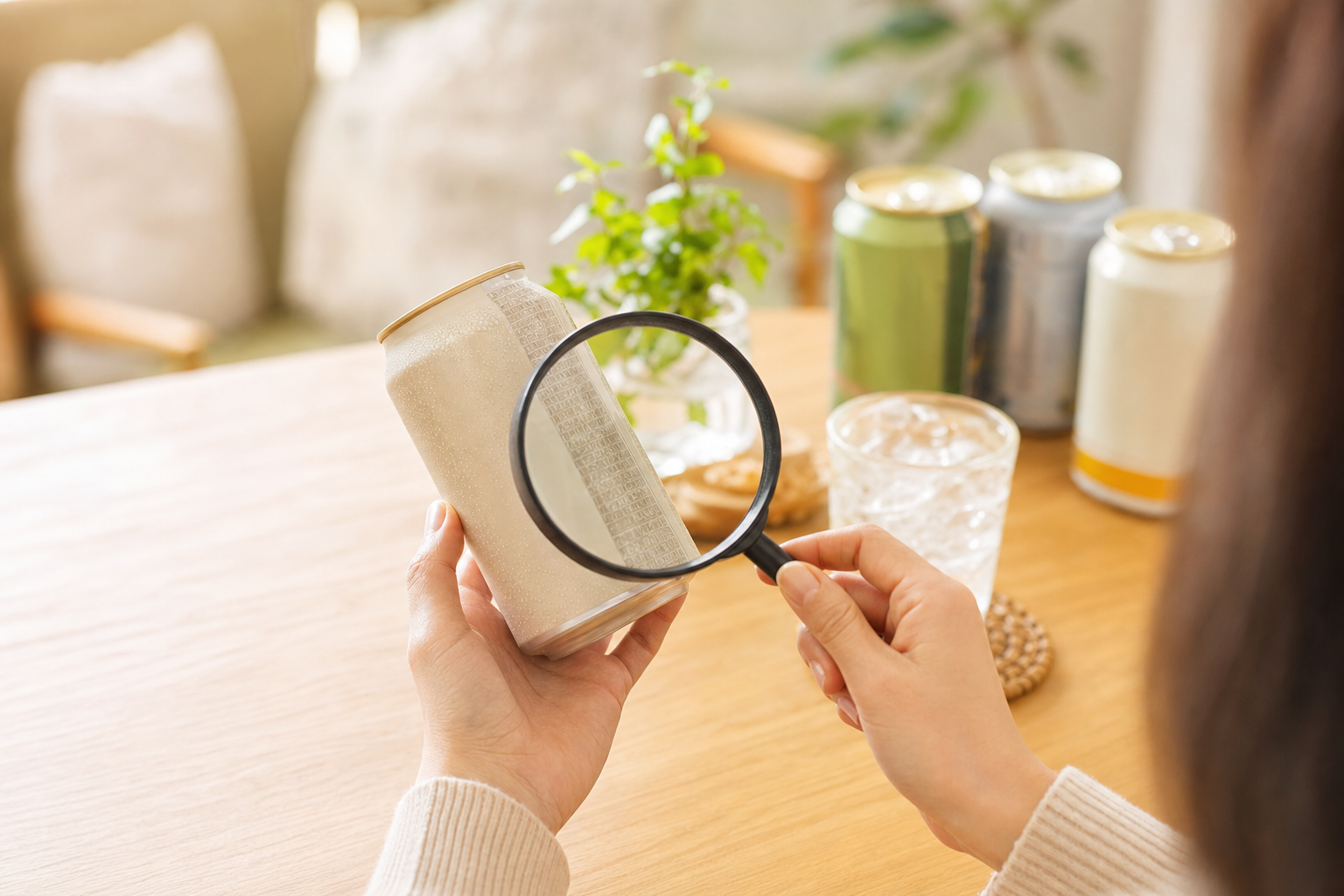 ノンアル飲料の表示ラベルを虫眼鏡で確認する様子