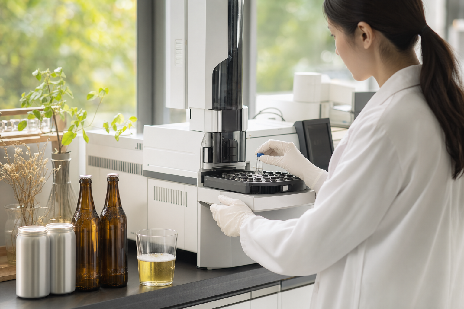 検査機器でノンアル飲料のアルコール濃度を測定している様子