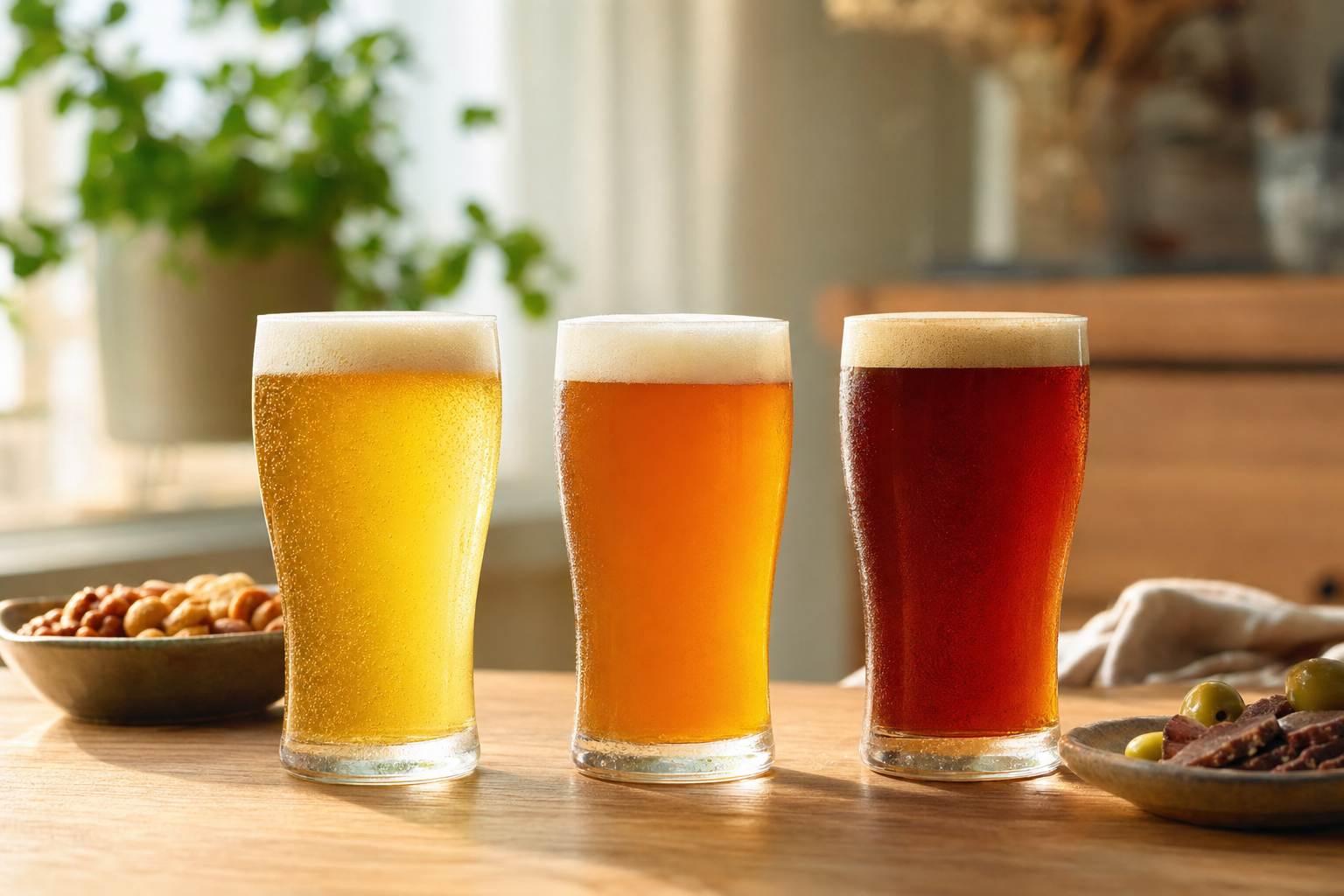 3種類のノンアルコールビールがグラスに注がれて並ぶ様子