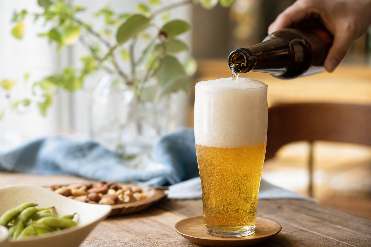 ノンアルコールビールをグラスに注ぎ泡を3対7に整える様子