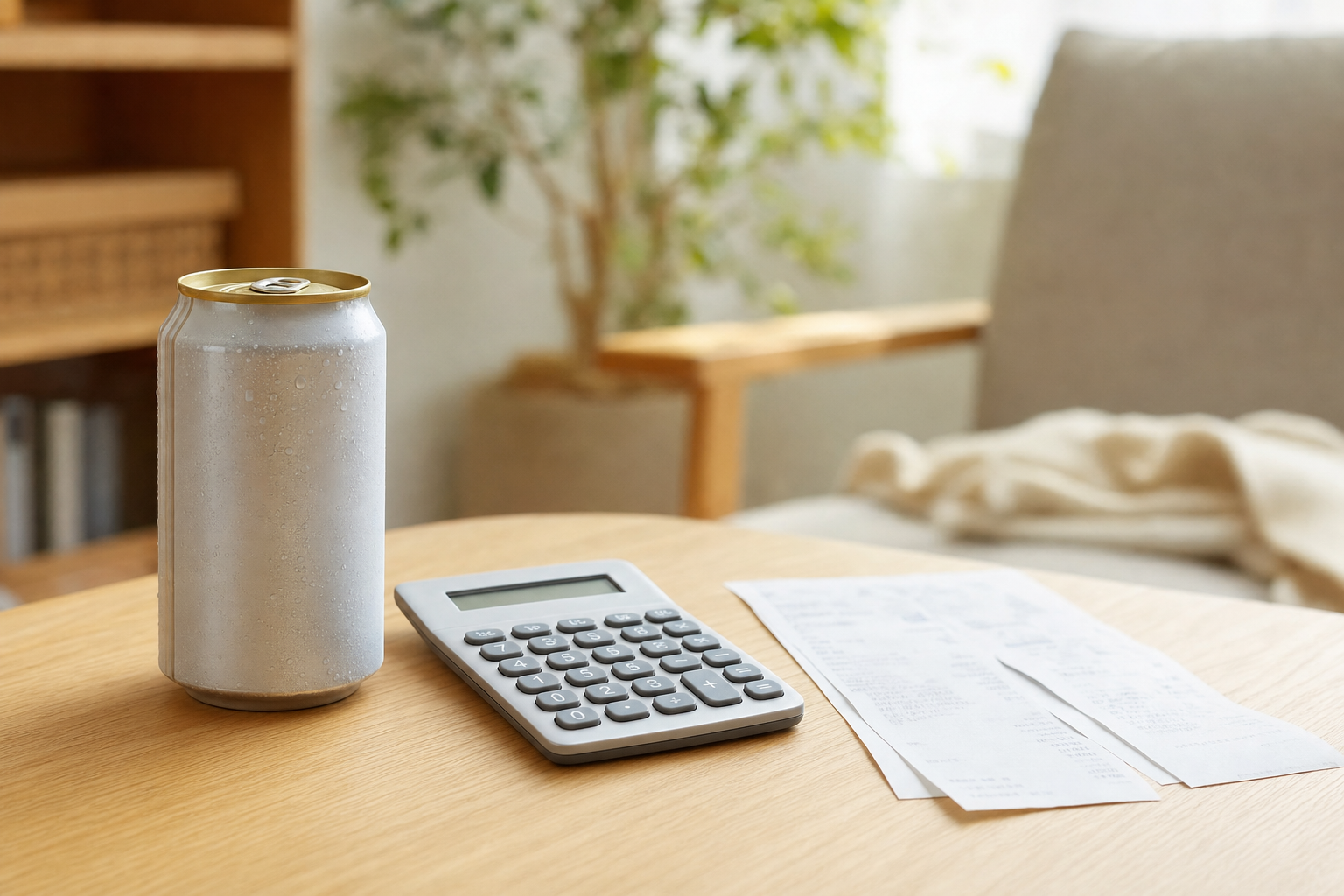 ノンアルコールビール缶と電卓、レシートが並ぶテーブル